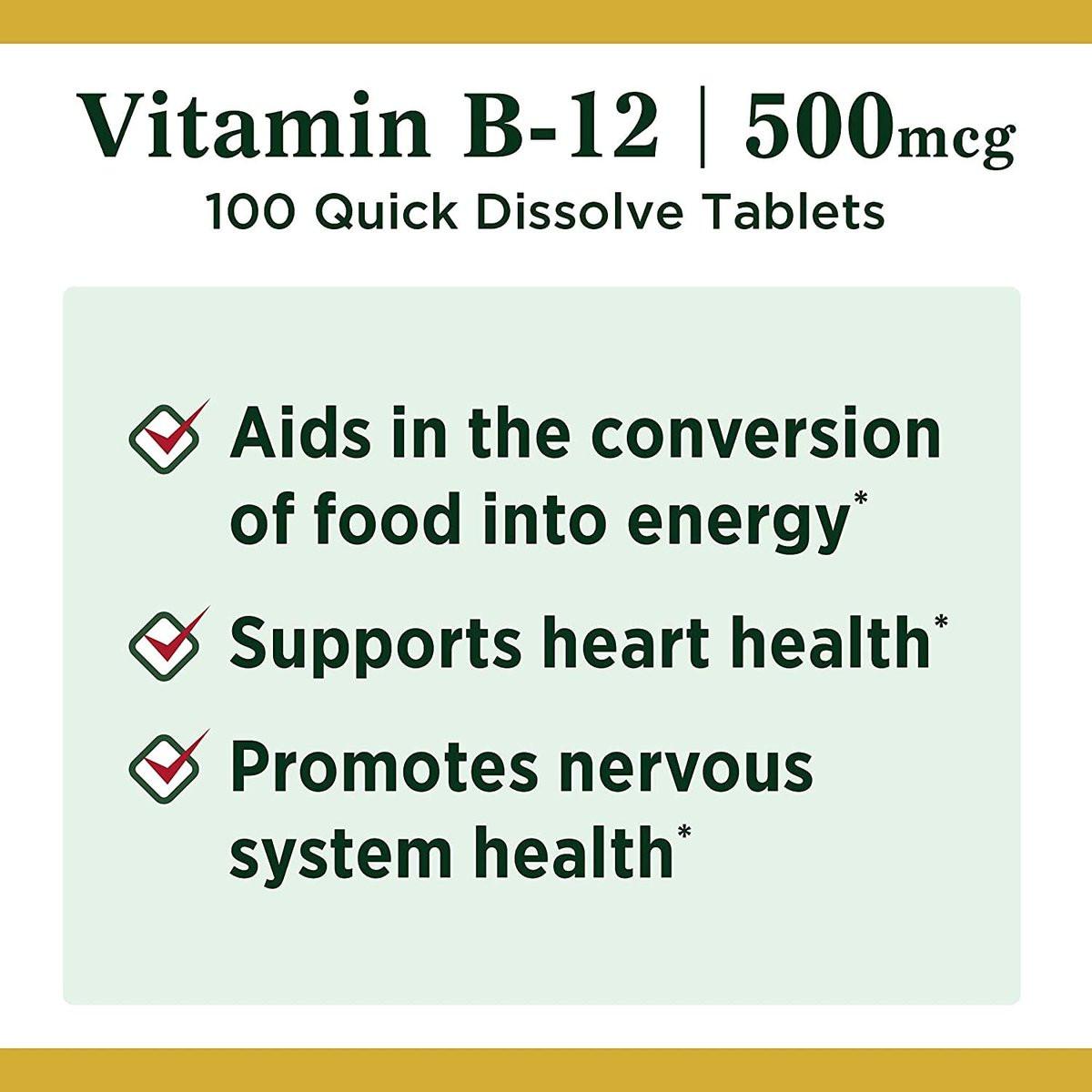 Nature's Bounty Vitamin B12, Supports Energy Metabolism and Nervous System Health, 500mcg, Tablets, 100 Ct (Pack of 2) - görsel 5