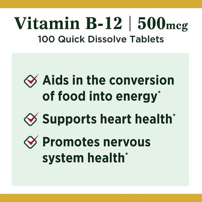 Nature's Bounty Vitamin B12, Supports Energy Metabolism and Nervous System Health, 500mcg, Tablets, 100 Ct (Pack of 2)