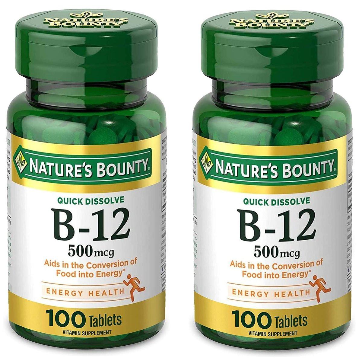 Nature's Bounty Vitamin B12, Supports Energy Metabolism and Nervous System Health, 500mcg, Tablets, 100 Ct (Pack of 2) - görsel 1