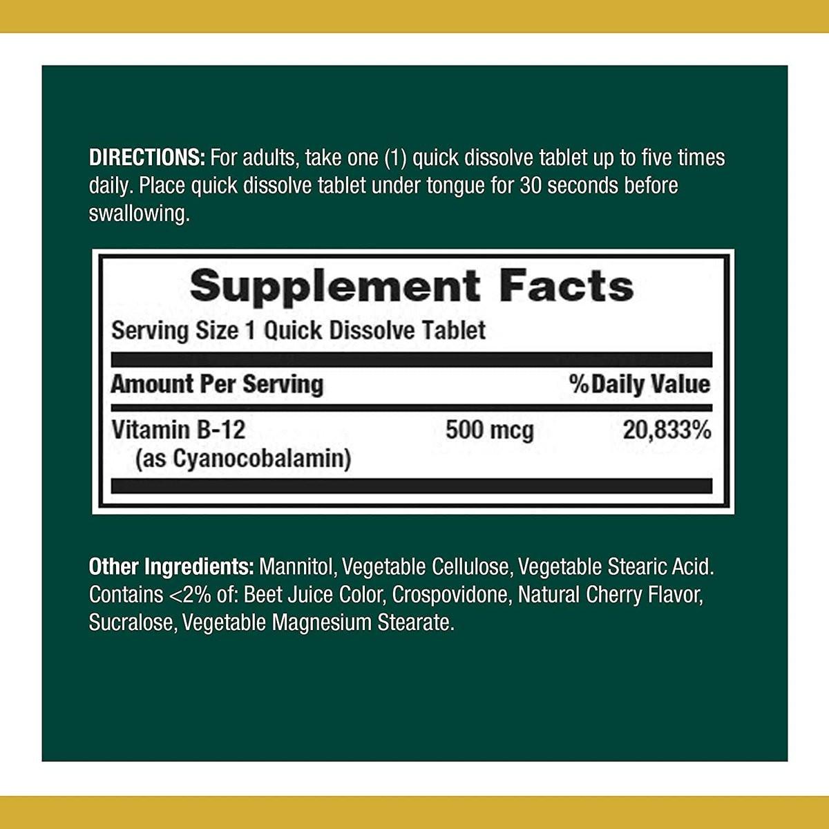 Nature's Bounty Vitamin B12, Supports Energy Metabolism and Nervous System Health, 500mcg, Tablets, 100 Ct (Pack of 2) - görsel 3