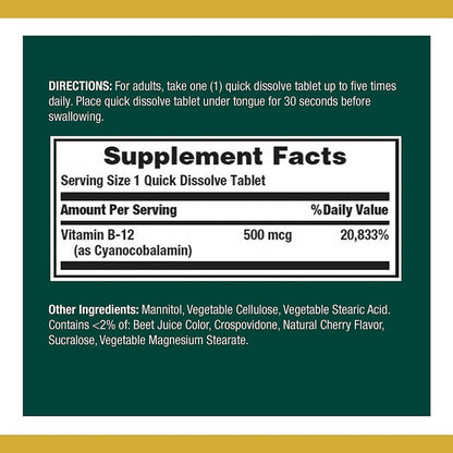 Nature's Bounty Vitamin B12, Supports Energy Metabolism and Nervous System Health, 500mcg, Tablets, 100 Ct (Pack of 2)