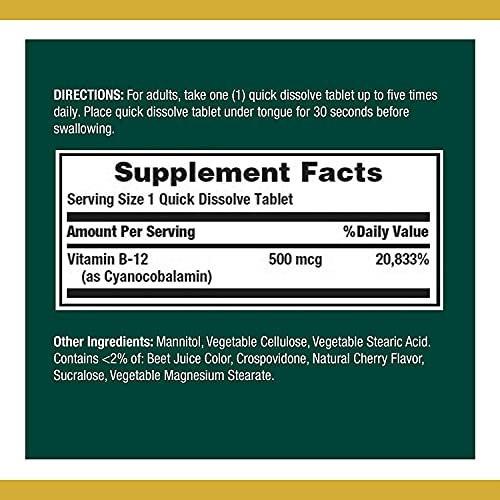 Nature's Bounty Vitamin B12, Supports Energy Metabolism and Nervous System Health, 500mcg, Tablets, 100 Ct (Pack of 2) - görsel 4