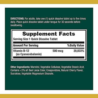 Nature's Bounty Vitamin B12, Supports Energy Metabolism and Nervous System Health, 500mcg, Tablets, 100 Ct (Pack of 2)