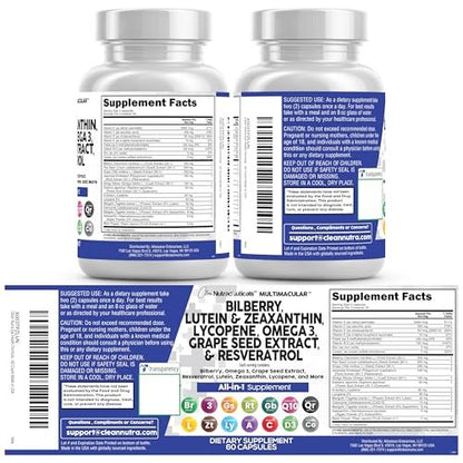 Clean Nutra Eye Vitamins with Bilberry Lutein and Zeaxanthin Supplements Lycopene 40mg Resveratrol Grape Seed Astaxanthin for Eyes - Eye Care Health Support Eye Vitamin and Mineral Supplement