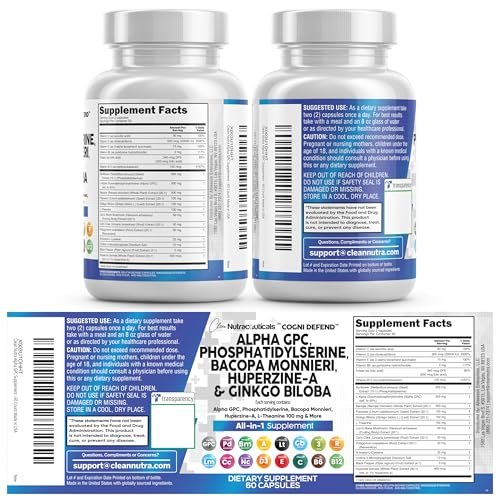 Brain Supplement Alpha GPC 300mg Phosphatidylserine Bacopa Monnieri Ginkgo Biloba Lions Mane Huperzine A L-Theanine NAC Nootropic Memory Focus Cognitive Support Vitamins B C D E 60 Capsules USA - görsel 15