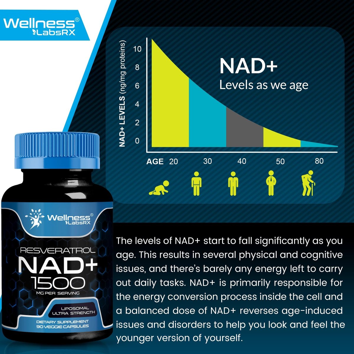 Wellness LABSRX Liposomal NAD Supplement, 1500mg - NAD Resveratrol Supplement for Women and Men, NAD+ Support Cellular Health, Energy & Anti Aging - 90 Count - görsel 11
