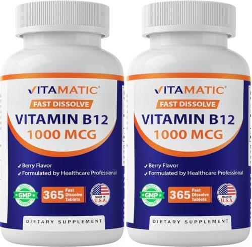 Vitamatic Vitamin B12 1000 mcg Fast Dissolve Tablets – Natural Berry Flavor – 365 Tablets per Bottle - 2 Bottles – Supports Energy Metabolism & Nervous System Health - görsel 15