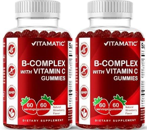 Vitamatic Vitamin B Complex Gummies with Vitamin C & Inositol - Natural Strawberry Flavor - 60 Gummies (2 Bottles) - görsel 2