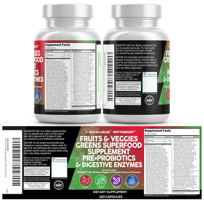 Clean Nutraceuticals Fruits and Veggies Supplement Reds & Green Superfood - Balance of Over 70 Fruit & Vegetable Supplements Capsules with Probiotics Prebiotics Digestive Enzymes - 120 Ct USA