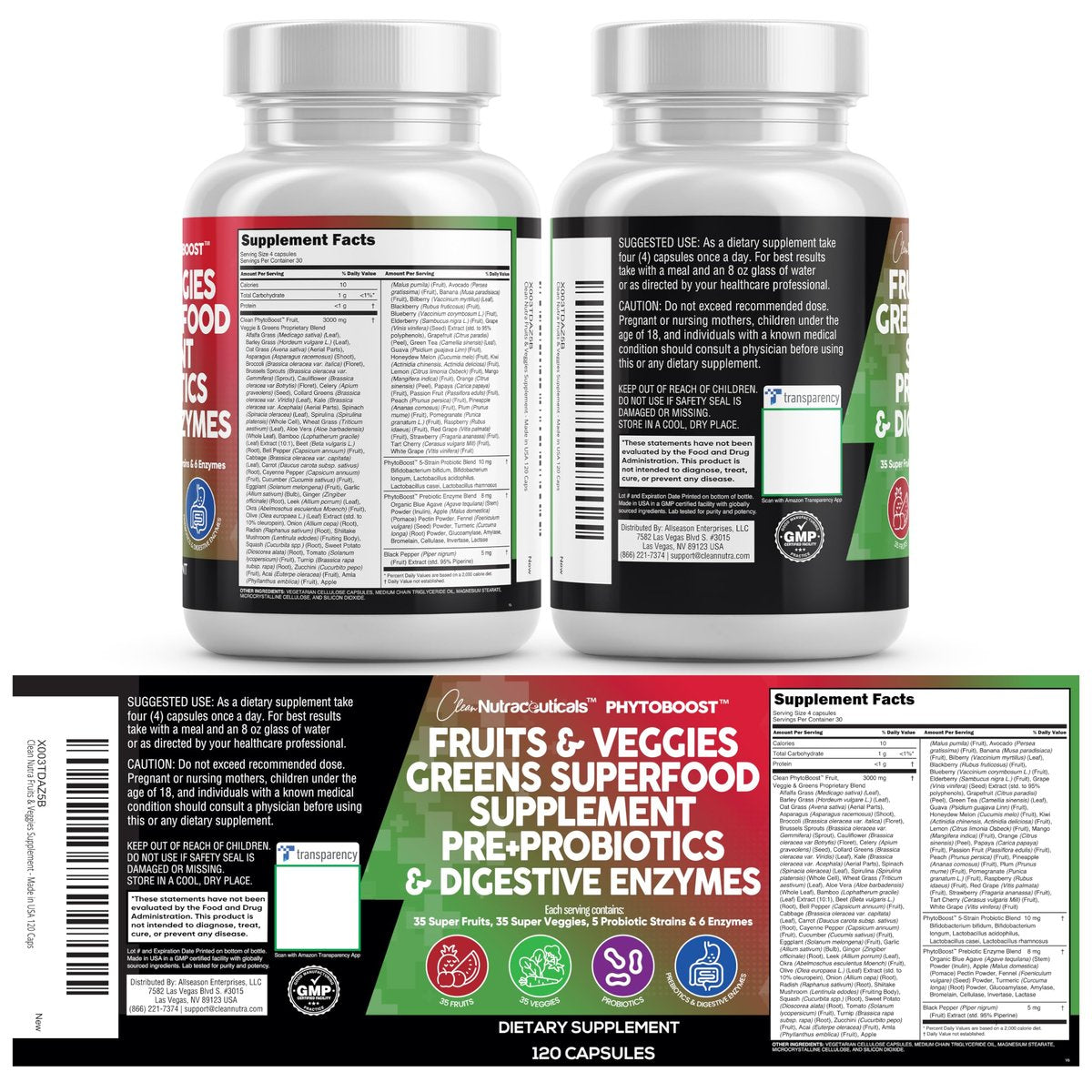 Clean Nutraceuticals Fruits and Veggies Supplement Reds & Green Superfood - Balance of Over 70 Fruit & Vegetable Supplements Capsules with Probiotics Prebiotics Digestive Enzymes - 120 Ct USA - görsel 1
