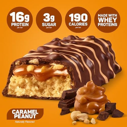 FITCRUNCH Snack Size Protein Bars, 6-Layer Baked Bar, 3g of Sugar, Gluten Free & Soft Cake Core (9 Bars, Caramel Peanut)