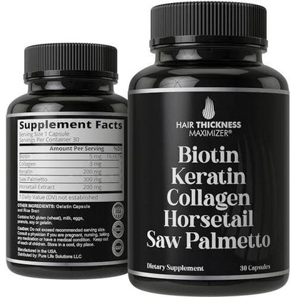Biotin (5000mcg), Keratin, Collagen, Horsetail, Saw Palmetto – 5-in-1 Hair Growth Supplement & Vitamins for Women & Men, DHT Blocker Capsules for Thinning - Hair Growth Vitamins