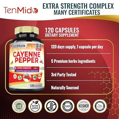 Cayenne Pepper Supplements Extract Capsules, 4 Months Supply with Ginger, Turmeric Curcumin, Tulsi, Black Pepper - Supports Immune System, Promotes Digestive System Function - 120 Vegan Capsules