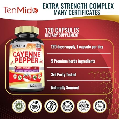 Cayenne Pepper Supplements Extract Capsules, 4 Months Supply with Ginger, Turmeric Curcumin, Tulsi, Black Pepper - Supports Immune System, Promotes Digestive System Function - 120 Vegan Capsules