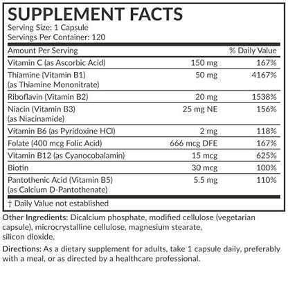 Futurebiotics Vitamin B Complex with Vitamin C – Supports Energy Production, Nervous System & Immune Support – Non-GMO, 120 Vegetarian Capsules