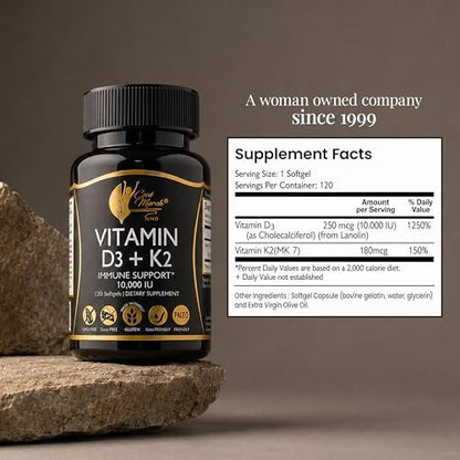 Cocó March N.M.D Vitamin D3+K2 10,000 IU - High Potency Supplement for Women & Men, Immune Support, Bone & Joint Health - Gluten-Free, Non-GMO, 4 Month Supply, 250 mcg D3, 180 mcg of Vitamin K2