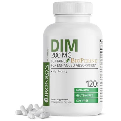 Bronson DIM Supplement 200 MG Diindolymethane with BioPerine for Enhanced Absorption, Estrogen Metabolism & Maintains Balanced Hormone Levels, 120 Vegetarian Capsules