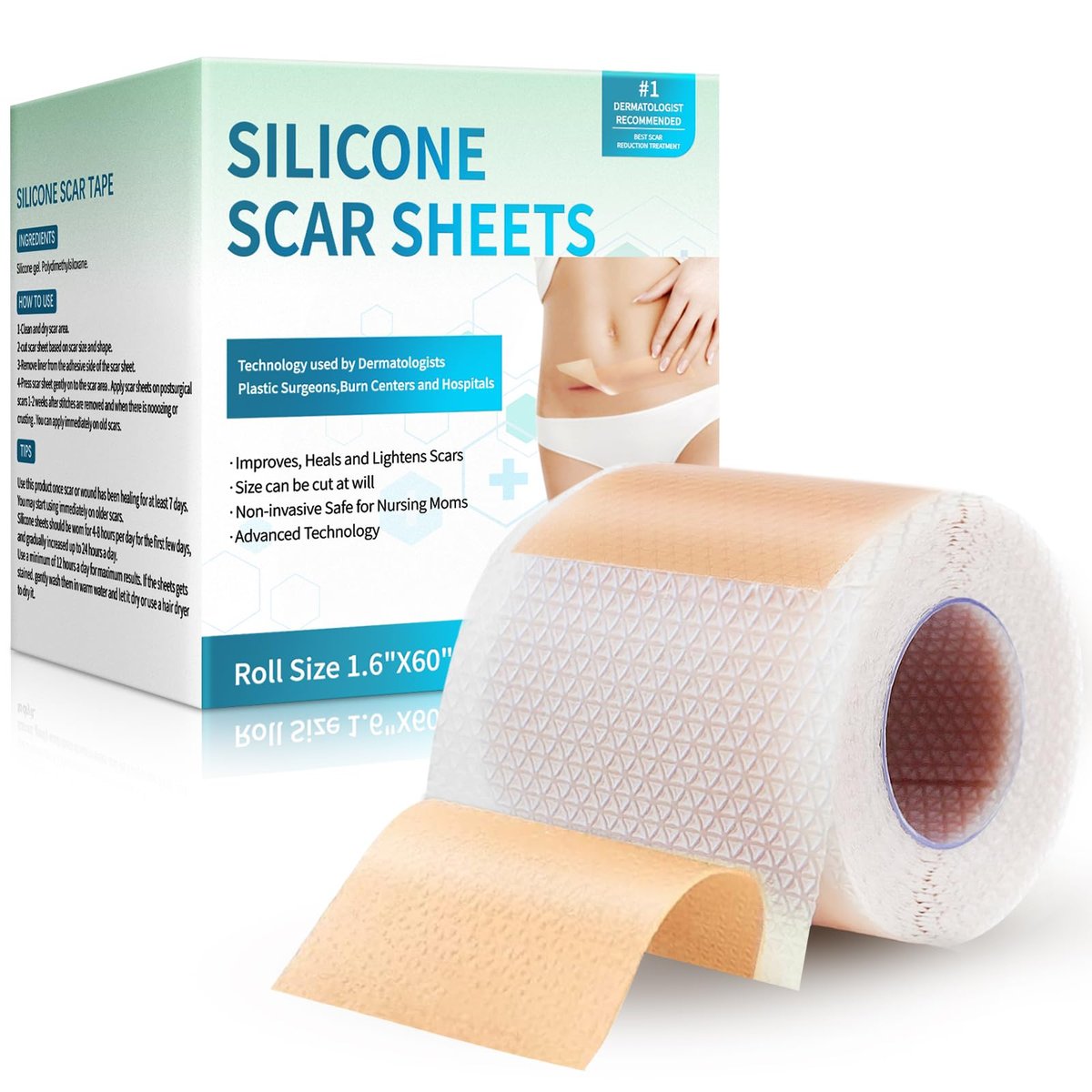 Rvlaim Medical Grade Silicone Scar Sheets (1.6”x 60” Roll-1.5M), Professional Silicone Scar Tape for Surgical C-Section, Keloid, Burn & Acne Scars - Reusable, Waterproof, Stickiness Upgrade - görsel 4