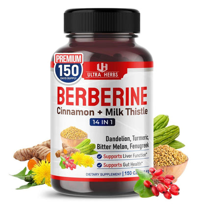 Ultra Herbs Premium Berberine with Cinnamon, Milk Thistle - Promotes Liver Function, Gut Health, Immunity (150 Count)