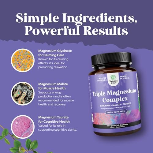 Triple Magnesium Complex Supplement - High Absorption Magnesium Glycinate, Malate & Taurate Blend for Muscles Energy Support & Heart Health - Triple Mg Complex 400 mg Capsules - 180 Count - görsel 2
