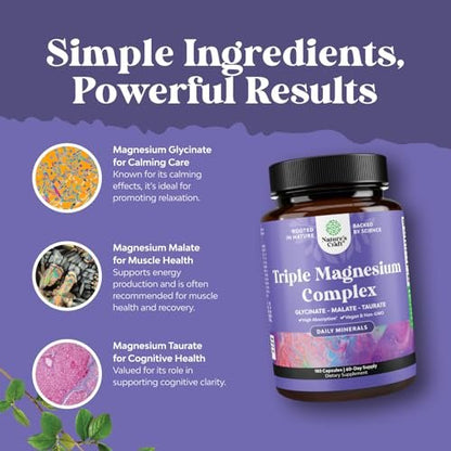 Triple Magnesium Complex Supplement - High Absorption Magnesium Glycinate, Malate & Taurate Blend for Muscles Energy Support & Heart Health - Triple Mg Complex 400 mg Capsules - 180 Count