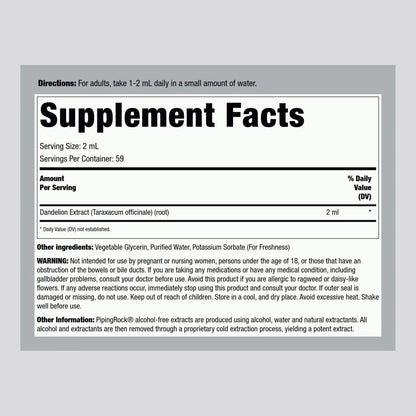 Piping Rock Dandelion Root Extract Liquid | 4 fl oz | Alcohol Free Tincture Drops | Premium Herbal Supplement | Vegetarian, Non-GMO, Gluten Free