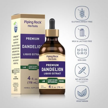 Piping Rock Dandelion Root Extract Liquid | 4 fl oz | Alcohol Free Tincture Drops | Premium Herbal Supplement | Vegetarian, Non-GMO, Gluten Free