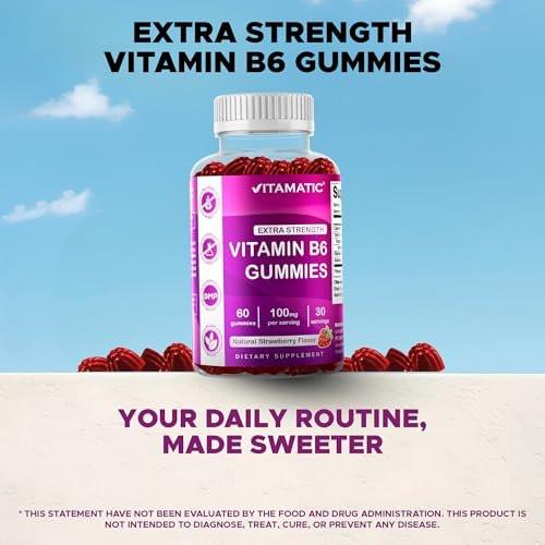 Vitamatic 2 Packs Vitamin B6 100mg Gummies – Natural Strawberry Flavor – 60 Pectin-Based Gummies per Bottle – Nervous System & Energy Support - görsel 1