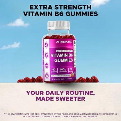Vitamatic 2 Packs Vitamin B6 100mg Gummies – Natural Strawberry Flavor – 60 Pectin-Based Gummies per Bottle – Nervous System & Energy Support