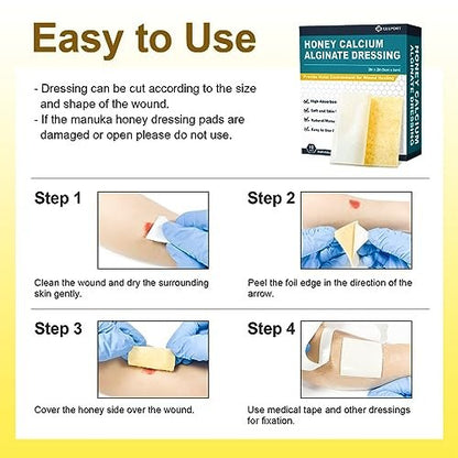 Ceeport Manuka Honey Calcium Alginate Wound Dressing, 2"x 2" High Absorbency Honey Wound Dressing with Calcium Alginate, Medical Grade Manuka Honey Wound Care Bandages Patches for Wounds (Pack of 10)