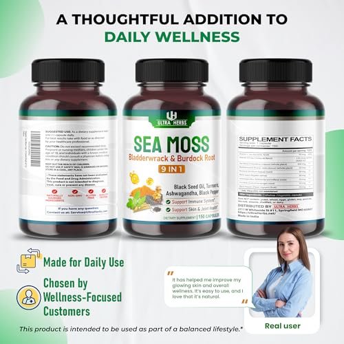 Organic Sea Moss Capsules with Black Seed Oil, Ashwagandha, Burdock Root, Bladderwrack for Immune System, Gut, Skin & Energy (150 Count) - görsel 2