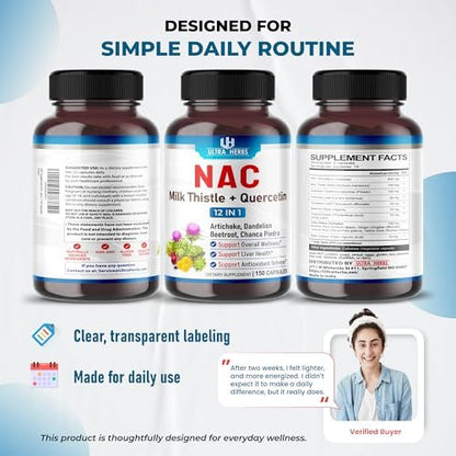 NAC Supplement N-Acetyl Cysteine Enriched with Milk Thistle, Quercetin - Support Immunity, Respiratory Health & Liver Detox | 150 Capsules