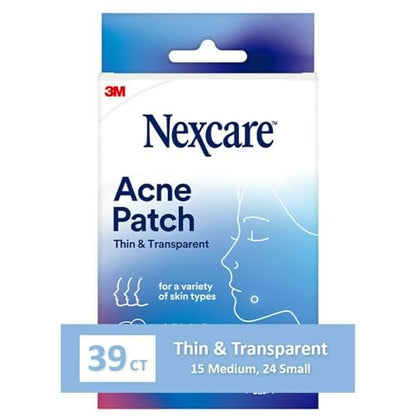 Nexcare Thin and Transparent Acne Patch, Skin Cover Absorbs Pus and Oil from Clogged Pores, made with hydrocolloid, tab allows for easy removal from liner - 39 Pimple Patches