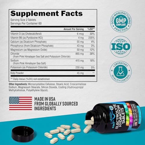 Electrolytes - Electrolyte Tablets with Magnesium, Sodium, Potassium, Chloride, Vitamins D3 & B6, Kelp Powder - Salt Pills - Lab Tested - Oral Tablets as Capsules - Vegan & Keto Friendly - 120 Tabs - görsel 10