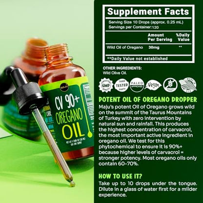 Maju Superfoods Oregano Oil Drops, Potent 90%+ Carvacrol (1 fl Oz) Wild Mediterranean Essential Oil of Oregano Liquid, Aceite de Oregano, Immune and Seasonal Support
