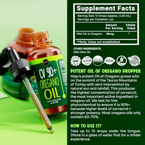 Maju Superfoods Oregano Oil Drops, Potent 90%+ Carvacrol (1 fl Oz) Wild Mediterranean Essential Oil of Oregano Liquid, Aceite de Oregano, Immune and Seasonal Support - görsel 4