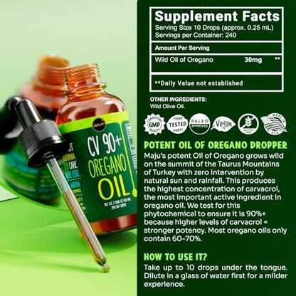 MAJU Oregano Oil Drops - Potent 90%+ Carvacrol (2 fl Oz) Wild Mediterranean Essential Oil of Oregano Liquid, Aceite de Oregano, Immune and Seasonal Support