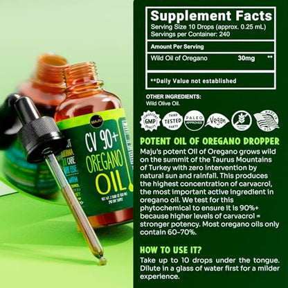 MAJU Oregano Oil Drops - Potent 90%+ Carvacrol (2 fl Oz) Wild Mediterranean Essential Oil of Oregano Liquid, Aceite de Oregano, Immune and Seasonal Support