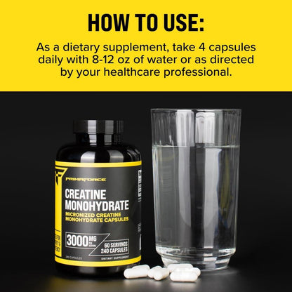 Primaforce Creatine Monohydrate Capsules - 240 Capsules, 3,000mg per Serving, Gluten Free and Non-GMO