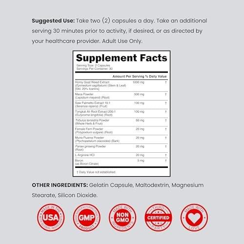Horny Goat Weed For Men and Women - [20% Icariins Max Strength] - Stamina, Endurance, Circulation, Joint & Back Support - Maca Root, Ginseng, Yohimbine, Tribulus, L-Arginine - USA Made - 60 Count - görsel 14
