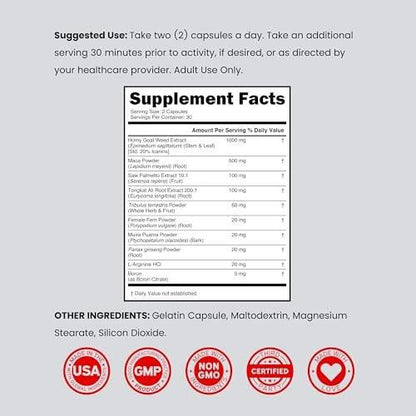 Horny Goat Weed For Men and Women - [20% Icariins Max Strength] - Stamina, Endurance, Circulation, Joint & Back Support - Maca Root, Ginseng, Yohimbine, Tribulus, L-Arginine - USA Made - 60 Count