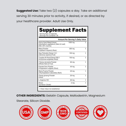 Horny Goat Weed For Men and Women - [20% Icariins Max Strength] - Stamina, Endurance, Circulation, Joint & Back Support - Maca Root, Ginseng, Yohimbine, Tribulus, L-Arginine - USA Made - 60 Count