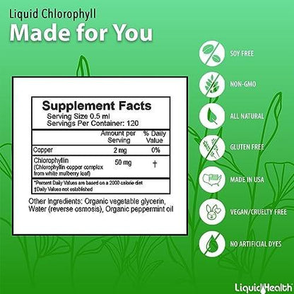 LIQUIDHEALTH Liquid Chlorophyll Drops - Internal Deodorizer, Liver Detox, Immune Support, Promote Collagen for Hair & Skin, Stop Bad Breath, Reduce Appetite - Made in the USA, Vegan, Non-GMO (2 oz)