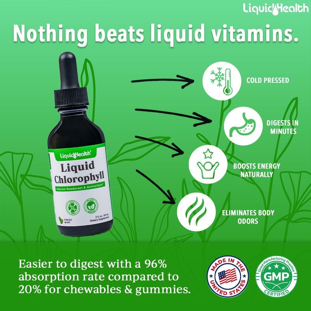 LIQUIDHEALTH Liquid Chlorophyll Drops - Internal Deodorizer, Liver Detox, Immune Support, Promote Collagen for Hair & Skin, Stop Bad Breath, Reduce Appetite - Made in the USA, Vegan, Non-GMO (2 oz) - görsel 3