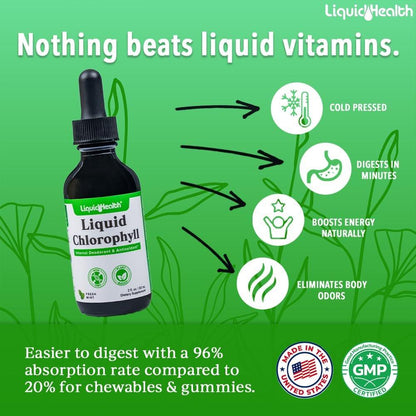 LIQUIDHEALTH Liquid Chlorophyll Drops - Internal Deodorizer, Liver Detox, Immune Support, Promote Collagen for Hair & Skin, Stop Bad Breath, Reduce Appetite - Made in the USA, Vegan, Non-GMO (2 oz)
