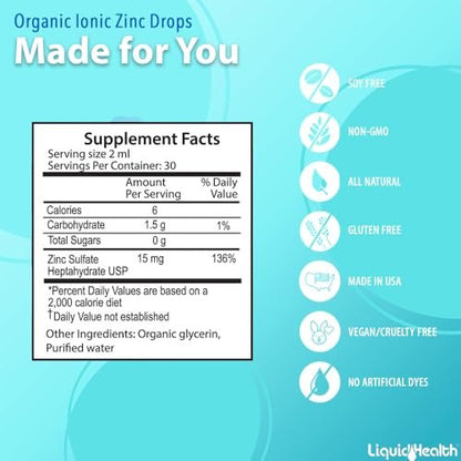 LIQUIDHEALTH USDA Organic Ionic Zinc High Potency Drops - Trace Mineral Liquid Vitamin Supplement for Adults & Kids - Immune & Digestive Support, Skin & Wound Health - USA Made, Vegan, Non-GMO (2 oz)