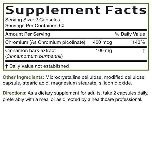 Bronson Cinnamon Plus Chromium Picolinate Supplement, High Potency Chromium, Non-GMO, 120 Vegetarian Capsules - görsel 4