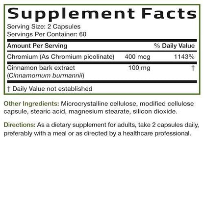 Bronson Cinnamon Plus Chromium Picolinate Supplement, High Potency Chromium, Non-GMO, 120 Vegetarian Capsules