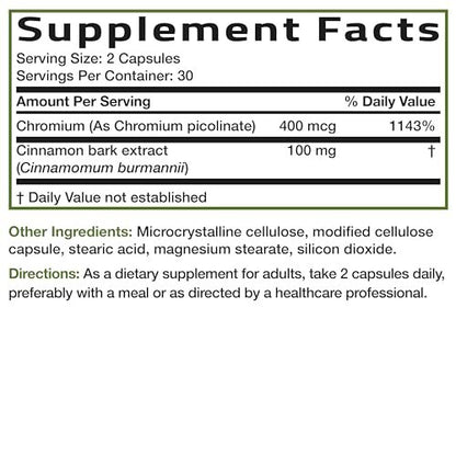 Bronson Cinnamon Plus Chromium Picolinate Supplement, High Potency Chromium, Non-GMO, 60 Vegetarian Capsules