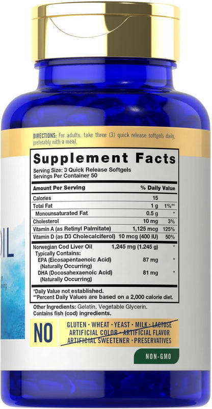 Carlyle Norwegian Cod Liver Oil | with EPA & DHA | 1245mg | 150 Softgels | Liquid Capsules | Non-GMO & Gluten Free Supplement